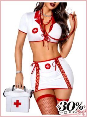 Sexy Nurse Costume Lingerie Set Crop Top Skirt G-String Cosplay